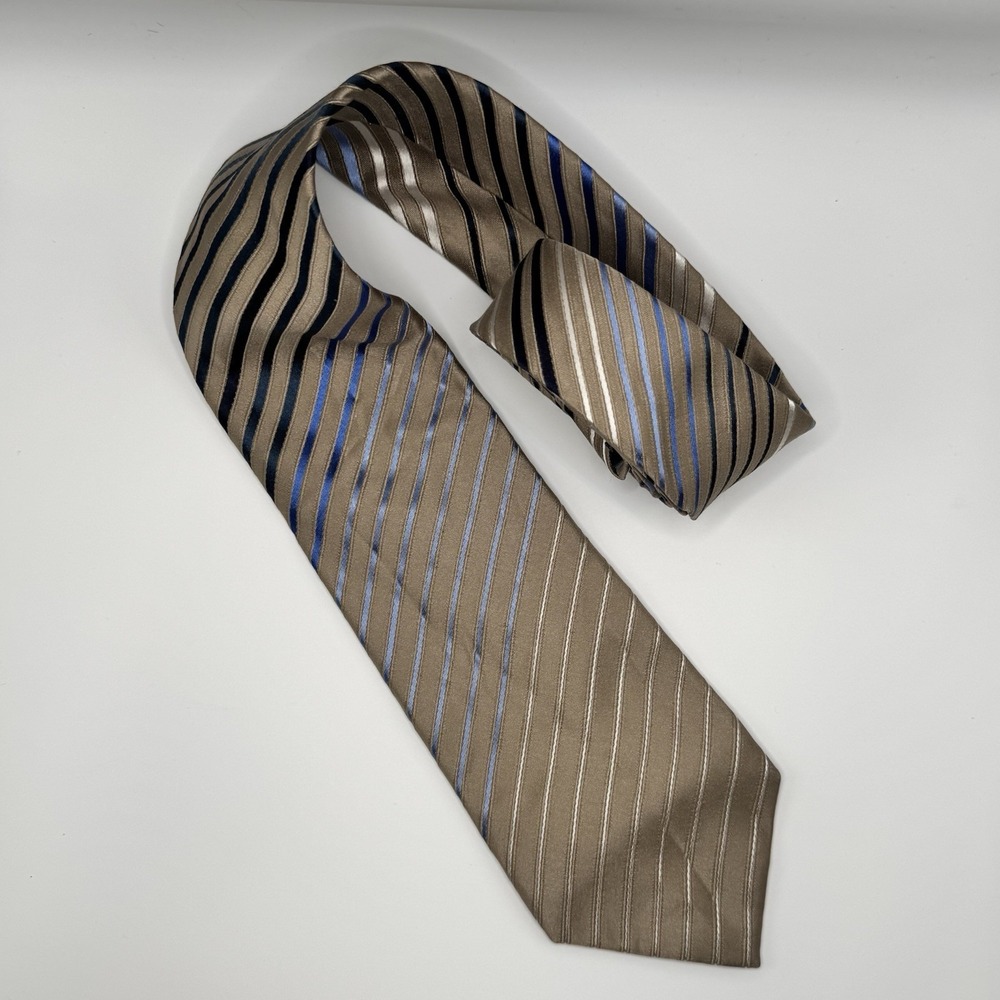 Van Heusen Hand Made Silk Tie Brown Blue Silver Stripes Men Necktie Seda